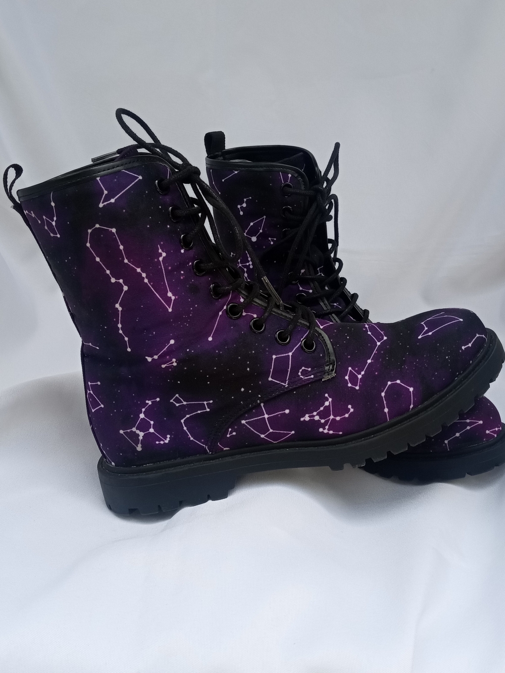 Purple Galaxy Star Constellation Lace Up High Top Canvas Dr. Marten Combat Boots - Picture 5 of 10